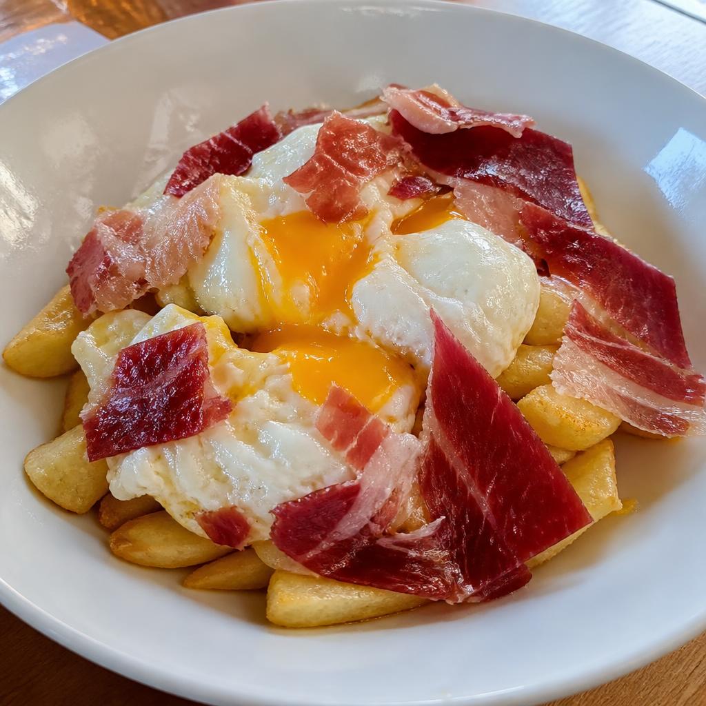Huevos rotos con jamón de Toloño en Vitoria